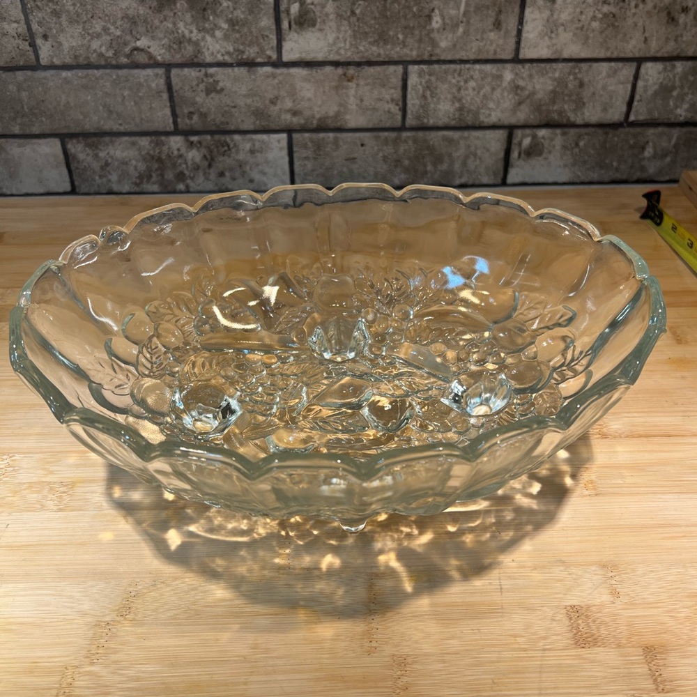 Vintage Clear Indiana Glass “Harvest Grape” Oval Footed Bowl with Raised Fruit
